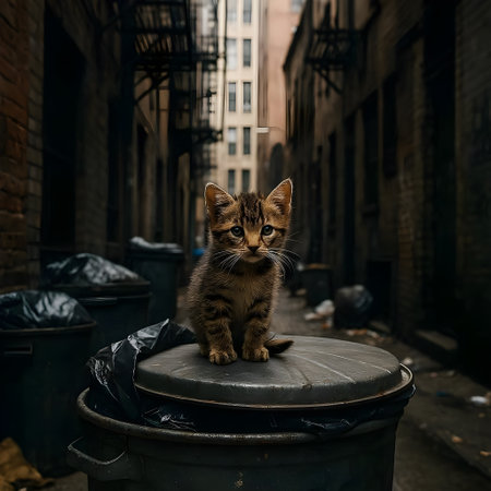 Cute little kitten sitting on a trash can in the street.の素材