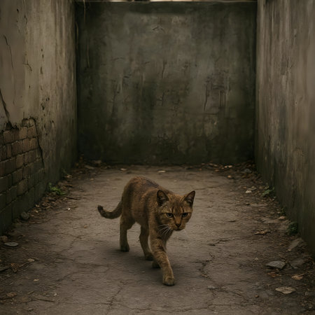 A stray cat walks through an abandoned building. Abandoned street.の素材