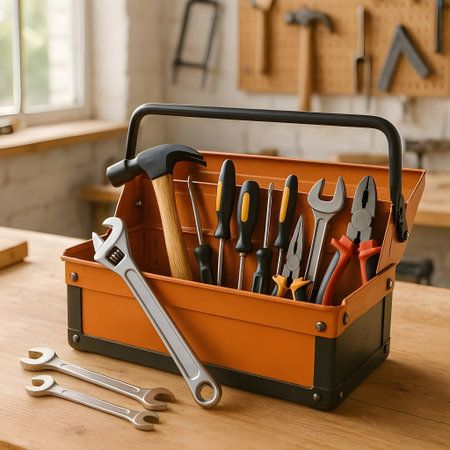 Set of tools in toolbox on wooden table in workshop, closeupの素材