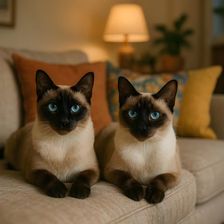 Two siamese cats with blue eyes sitting on sofa at homeの素材