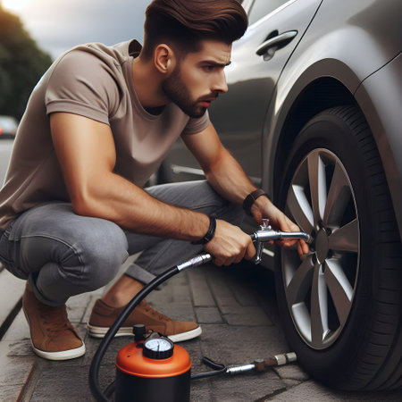 Handsome young man in casual t-shirt and jeans is preparing to refuel his car.の素材