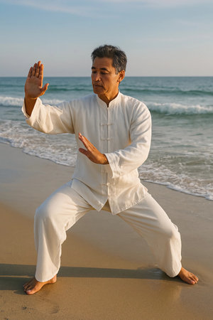 Portrait of a senior man practicing thai chi on the beachの素材