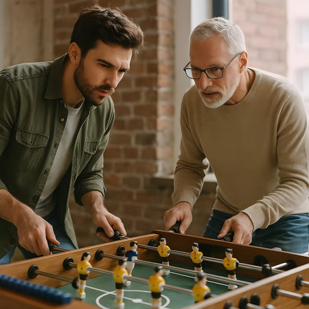 senior father and adult son playing table football in living room at homeの素材