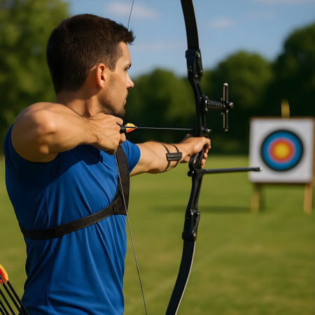 Young archer in blue t-shirt aiming at the target.の素材