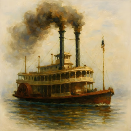 Oil painting of a steamboat on the water in the summer.の素材
