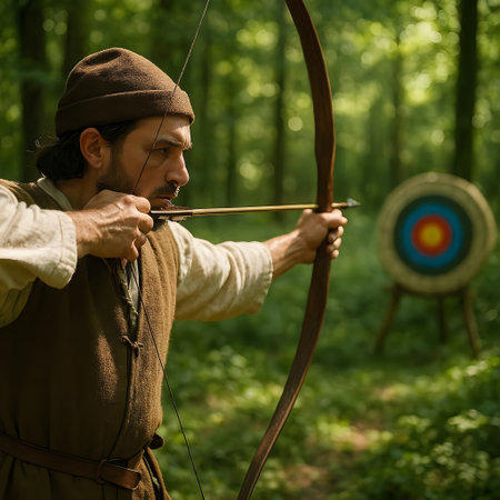 Archer with bow and arrow aiming at target in green forest.の素材