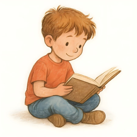 Boy reading a book on white background, hand drawn watercolor illustrationの素材