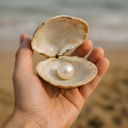 Pearl in the shell of a shell in hand on the beachの素材