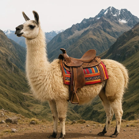 Alpaca with saddle on the background of mountains. Peru. South America.の素材