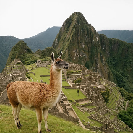 Llama in Machu Picchu, Peru. UNESCO World Heritage Siteの素材