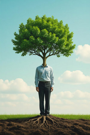 Businessman standing on the ground with green tree instead of his headの素材