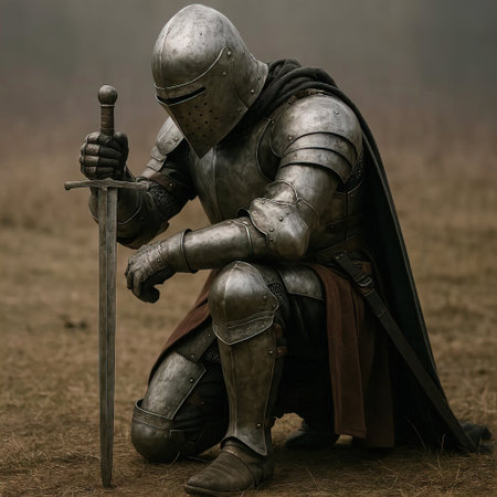 Knight in armor with sword on the field. Fantasy medieval scene.の素材