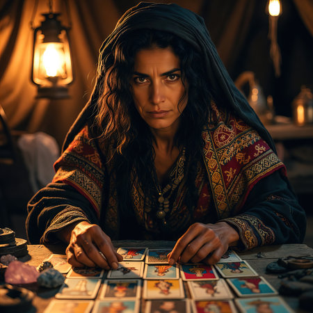 Beautiful young woman playing tarot cards. Future reading concept.の素材