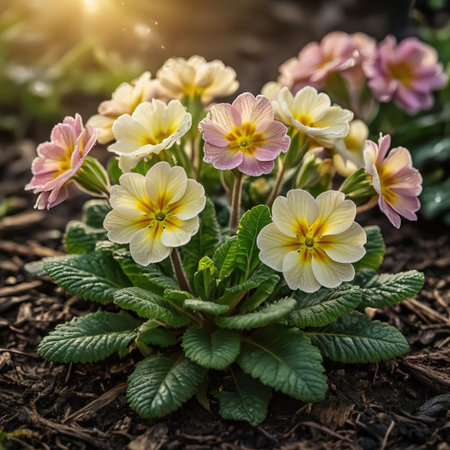 Beautiful spring primrose flowers in the garden. Primula vulgarisの素材