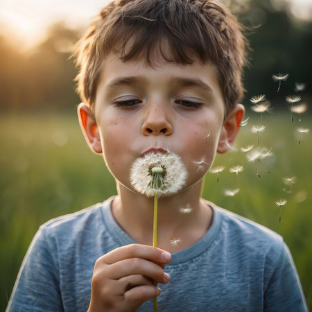 Little boy blowing on dandelion in the meadow at sunsetの素材