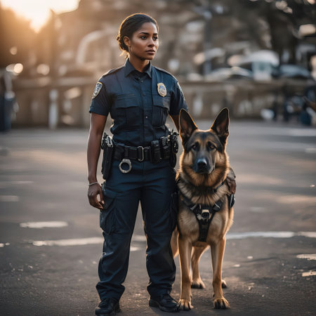 Young female security guard with a German shepherd dog on the street.の素材