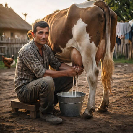 Farmer is pouring milk from a bucket to a cow on the farmの素材