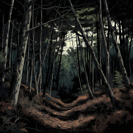 Dark forest with a path in the middle. 3d render.の素材
