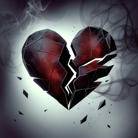 Broken heart on a dark background. 3D illustration. Vintage style.の素材