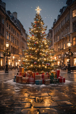Christmas tree with gift boxes in Paris, France. Christmas and New Year holidays concept.の素材