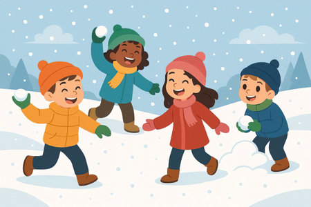 Children playing in the snow. Vector illustration in flat cartoon style.の素材