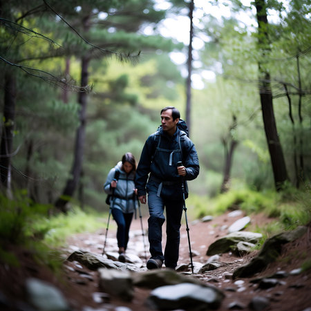 Hiking couple with backpacks and trekking poles in the forestの素材