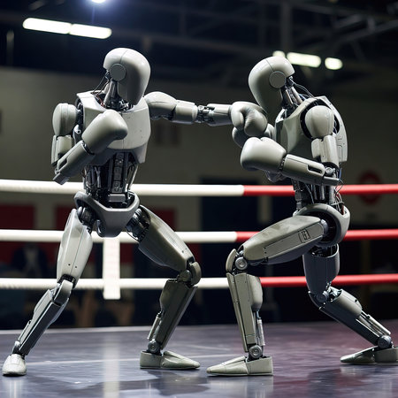 Two cyborgs fighting in the ring. 3D rendering.の素材