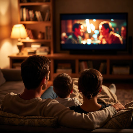 Happy family watching TV at home in the living room. Father, mother and children watching television together.の素材