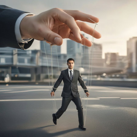 businessman puppeteer with rope on city background, risk conceptの素材