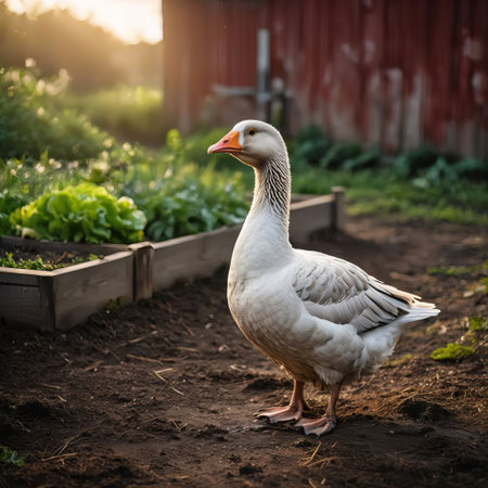White domestic goose on the farm in the rays of the setting sunの素材