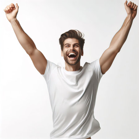 Handsome young man in white t-shirt with raised handsの素材