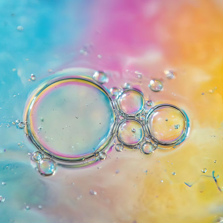 soap bubbles in water with rainbow background, macro photo of bubbleの素材