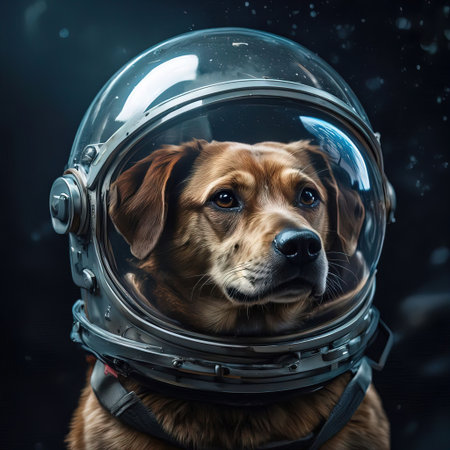 Portrait of a dog in an astronaut helmet on a dark background.の素材