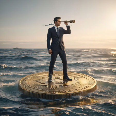 Businessman standing on the top of a coin and looking through a telescopeの素材