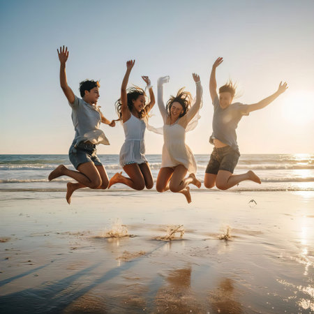 Group of happy friends jumping on the beach at sunset. Young people having fun on the beach.の素材