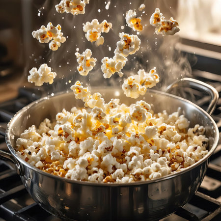 Popcorn falling into a frying pan on a kitchen stove. Motion.の素材
