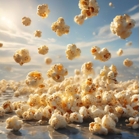 Popcorn flying in the sky. 3d rendering, 3d illustration.の素材