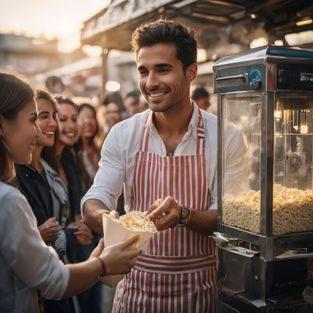 Smiling young man selling popcorn to his friends in a street food marketの素材