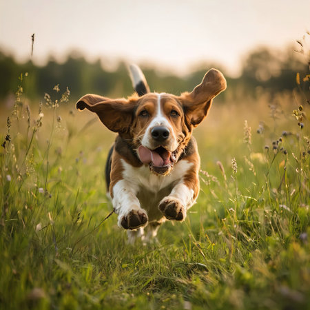Beagle dog running in the meadow at sunset. Beagle is a breed of domestic dog.の素材