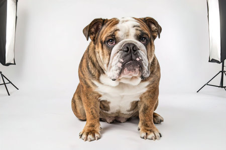 Cute English Bulldog on white background. Studio shot with soft light.の素材