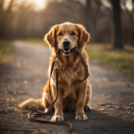 Golden Retriever dog with leash in the park at sunset.の素材