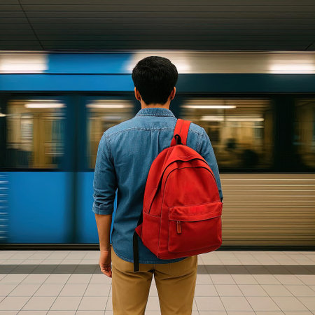 Back view of young man with backpack standing at train station platform.の素材