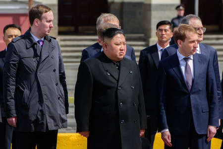 Vladivostok, Russia - April 26, 2019: North Korean leader Kim Jong-un with the Russian officials.のeditorial素材