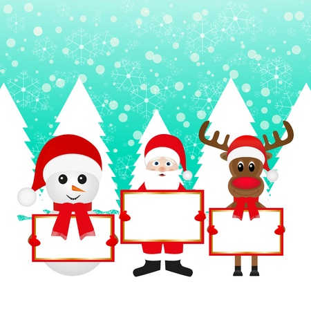 Santa Claus Christmas reindeer and snowman in a fairy forest with banners のイラスト素材