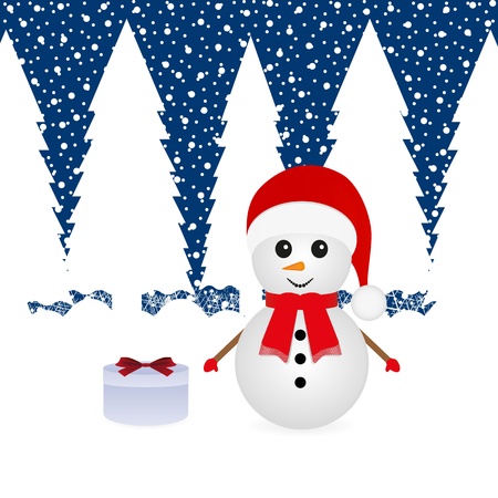 Snowman in a forest and a gift のイラスト素材