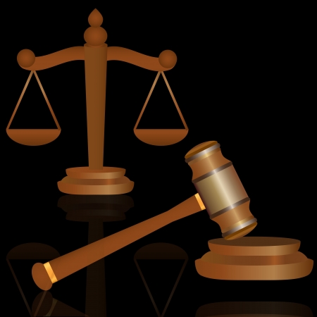 Scales and hammer on a black background with reflection のイラスト素材