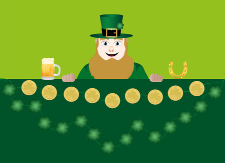 leprechaun with beer, a horseshoe, clover and coinsのイラスト素材