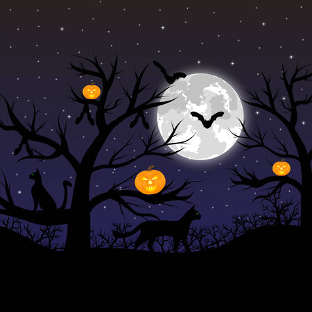 Forest with pumpkins, bats and cats at the full moonのイラスト素材