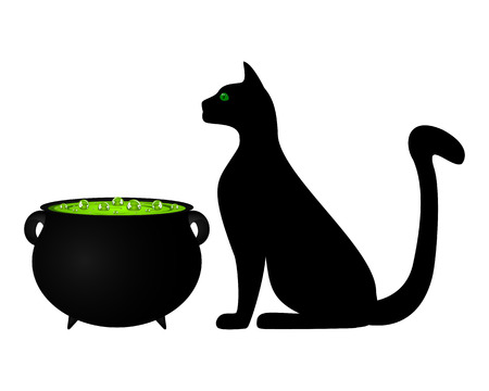 Cat and cauldron potion for Halloweenのイラスト素材