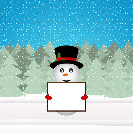 Snowman holding a banner in the forestのイラスト素材